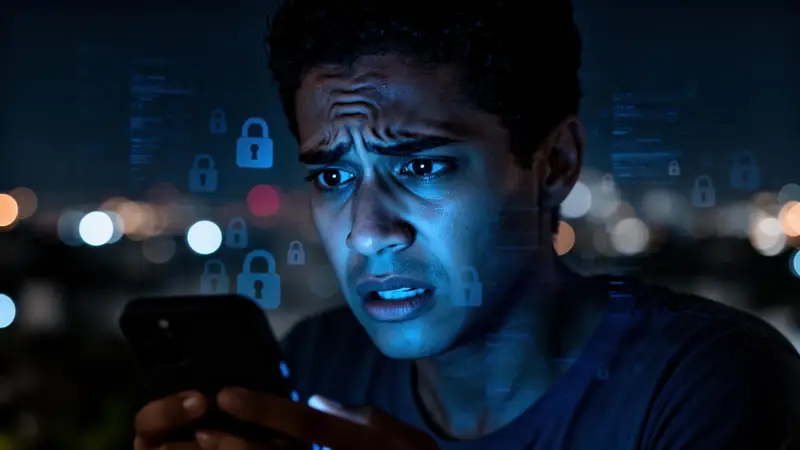Pessoa preocupada após sofrer golpe bancário no celular